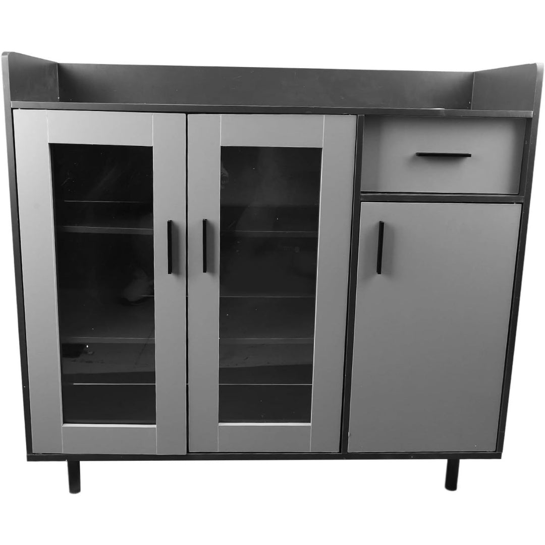 Le charme du rangement avec ce buffet avec elements vitres, a l'aspect bois, coloris bois naturel et vert