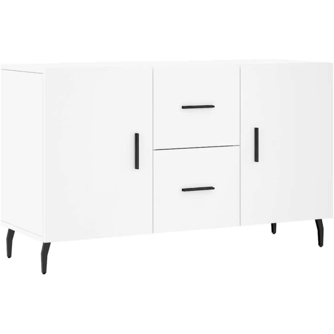 Un espace mieux organise grace a ce buffet avec portes, aux accents metalliques, finition blanc et bois naturl