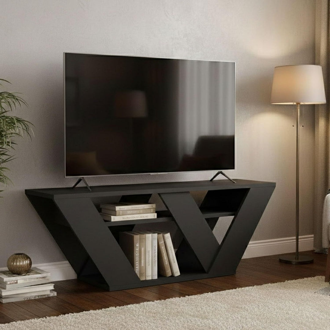 Un espace mieux organise grace a ce buffet avec etageres, aux lignes contemporaines, finition anthracite