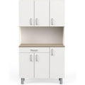 Un espace mieux organise grace a ce buffet avec tiroirs, avec portes, finition blanc et gris