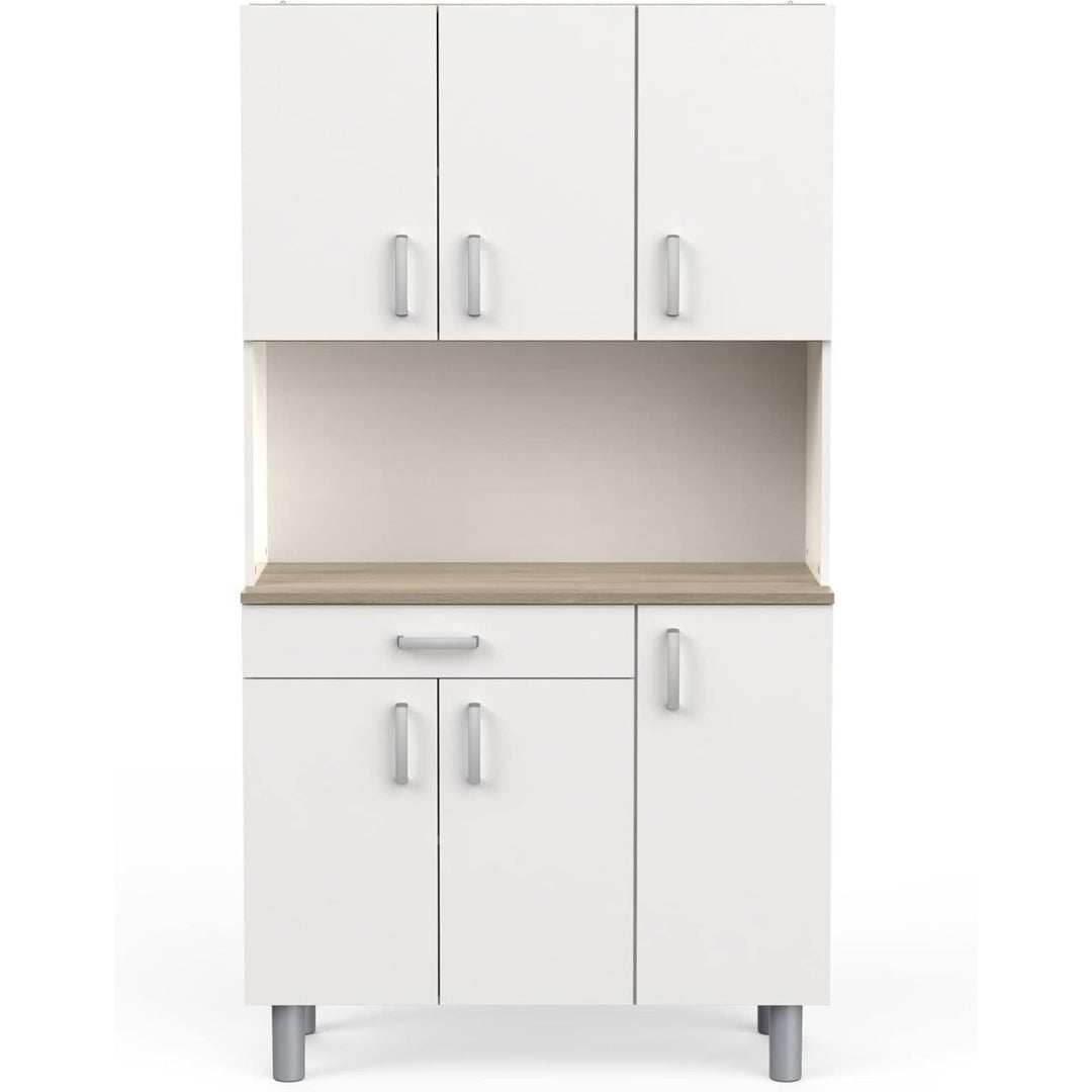 Un espace mieux organise grace a ce buffet avec tiroirs, avec portes, finition blanc et gris
