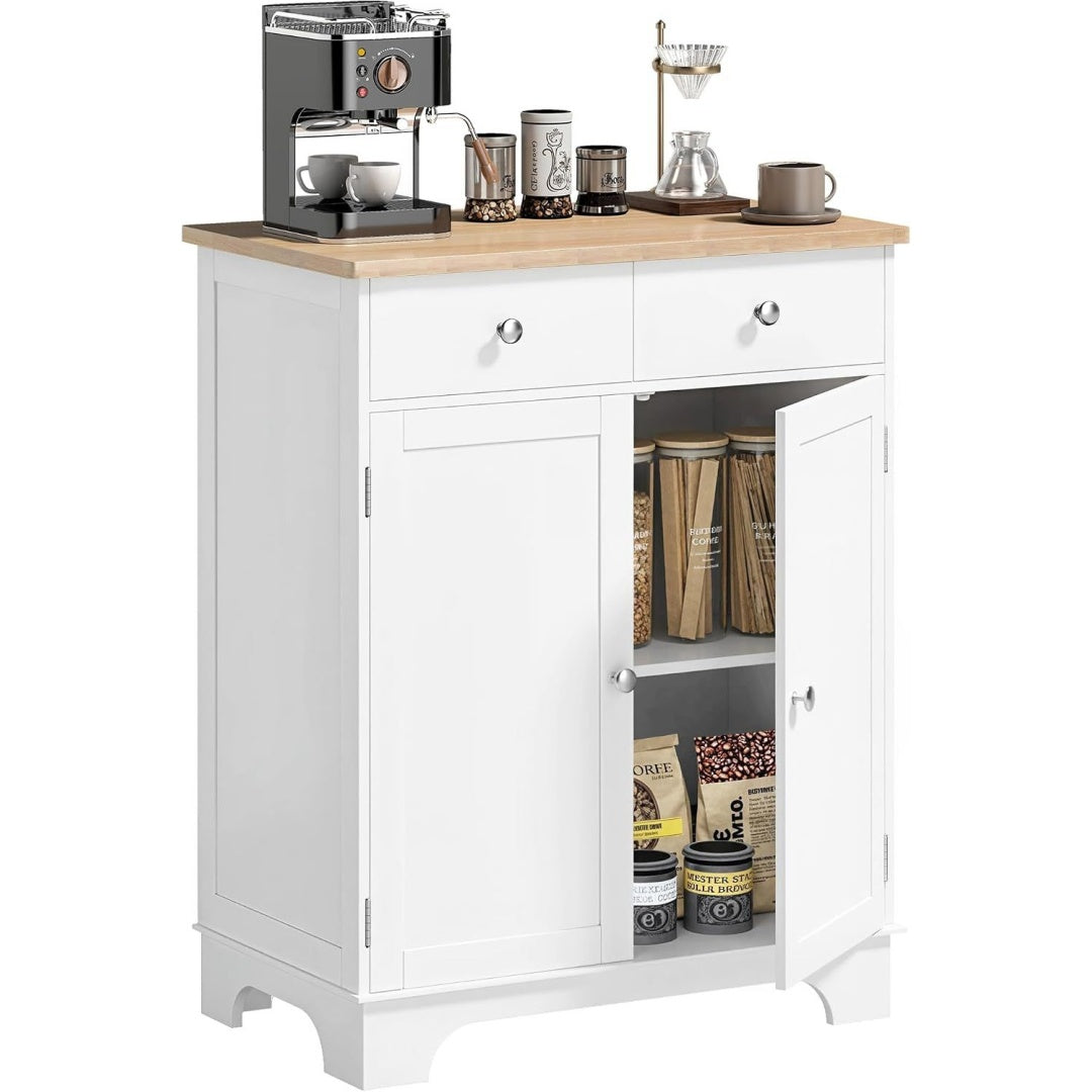 Une silhouette equilibree pour ce buffet avec tiroirs, avec portes, teinte blanc et naturel