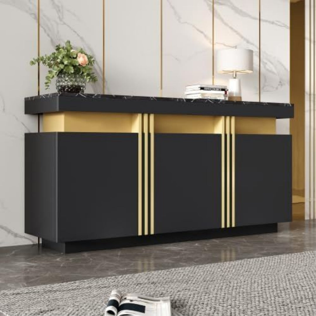 Le charme du rangement avec ce commode avec tiroirs, avec portes, coloris noir et dore