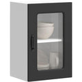 Pour un interieur harmonieux, buffet avec portes, avec elements vitres en finition noir et bois naturel