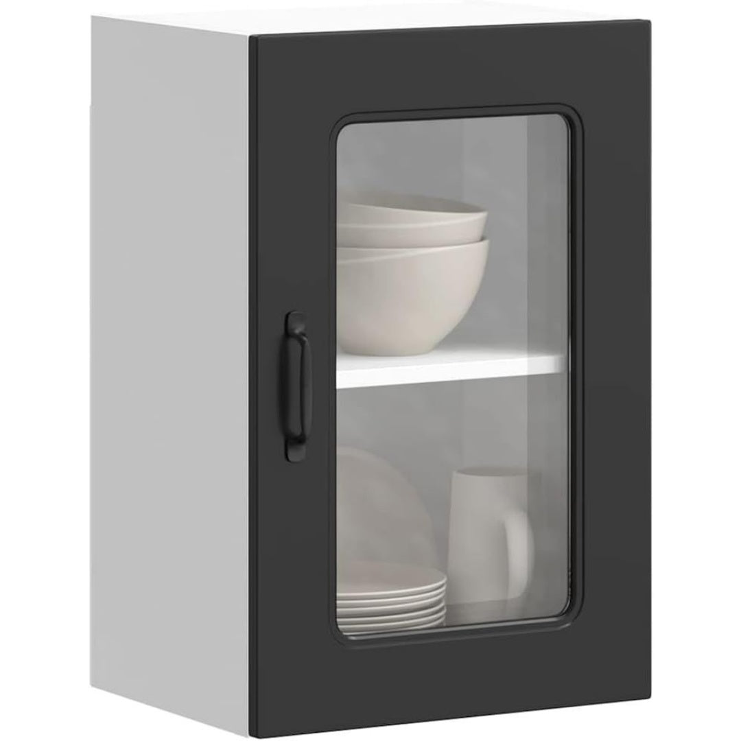 Pour un interieur harmonieux, buffet avec portes, avec elements vitres en finition noir et bois naturel
