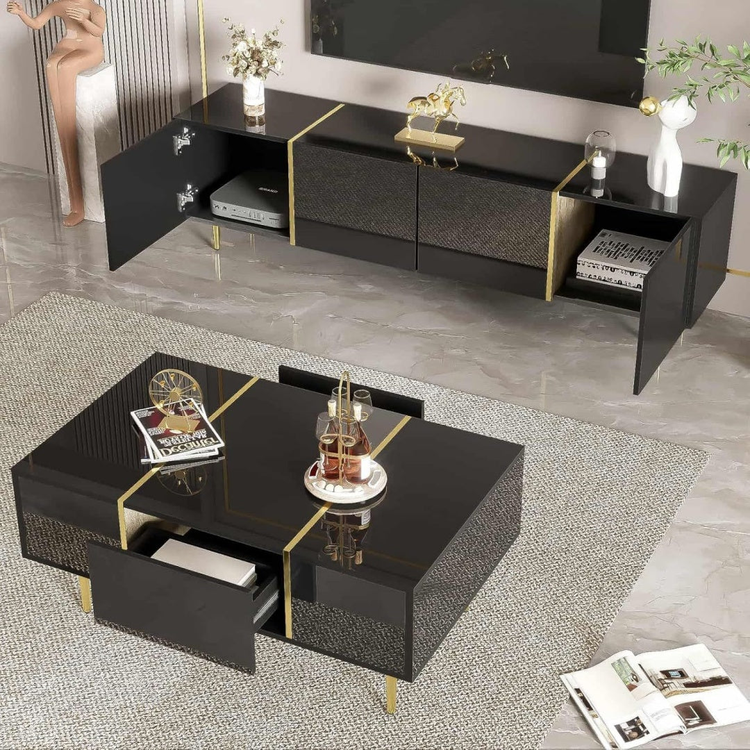 Une silhouette equilibree pour ce commode avec tiroirs, avec portes, teinte noir et dore