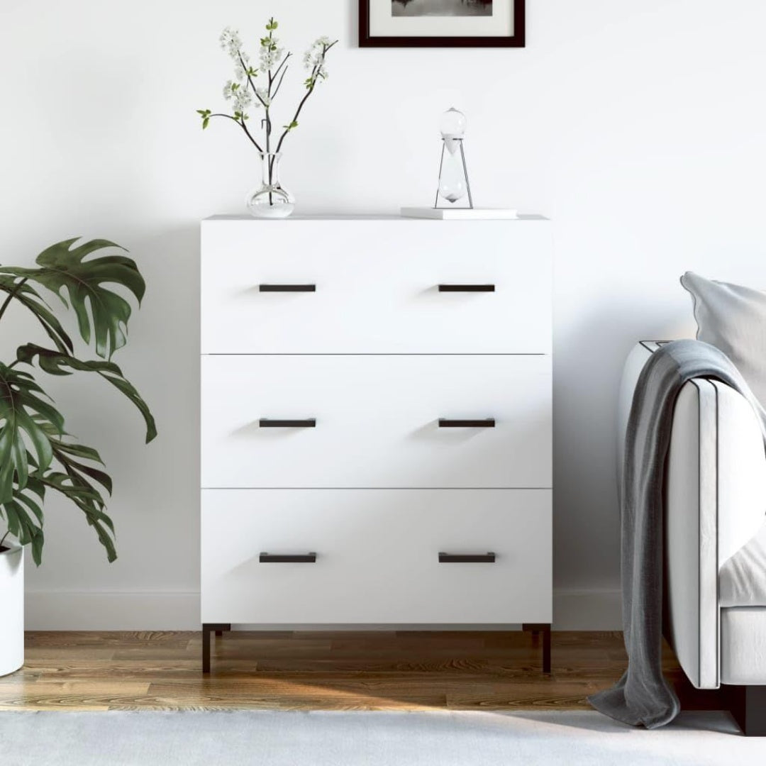 Une silhouette equilibree pour ce buffet avec tiroirs, avec portes, teinte blanc et bois naturel