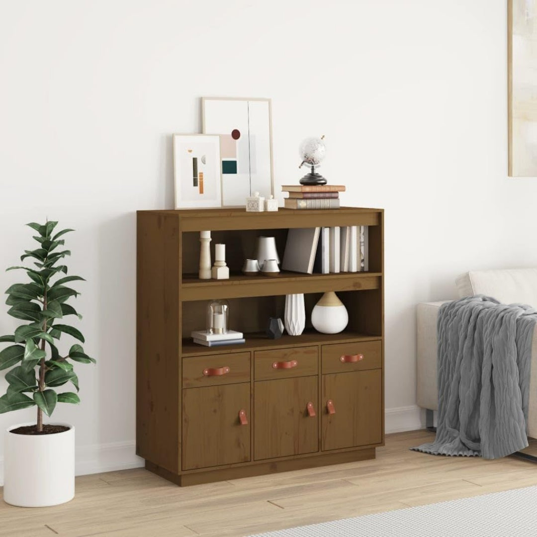 Une silhouette equilibree pour ce buffet avec tiroirs, avec portes, teinte marron et naturel