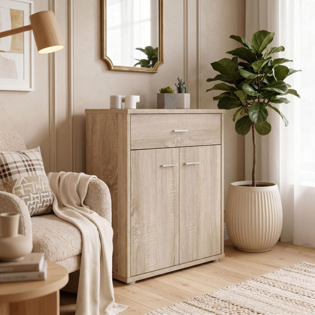 Un espace mieux organise grace a ce buffet avec tiroirs, aux accents metalliques, finition blanc et naturel