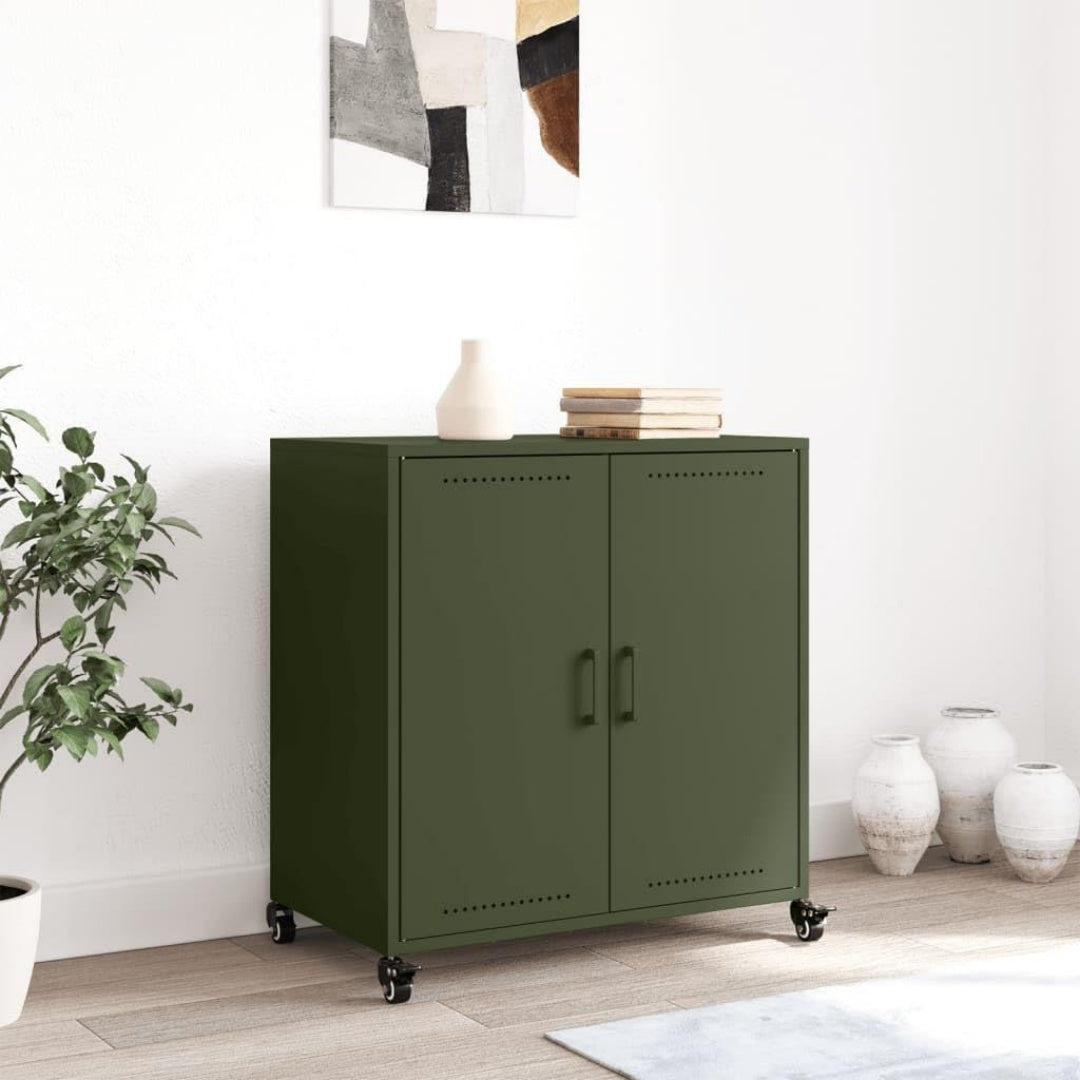 Un espace mieux organise grace a ce buffet avec portes, aux accents metalliques, finition vert