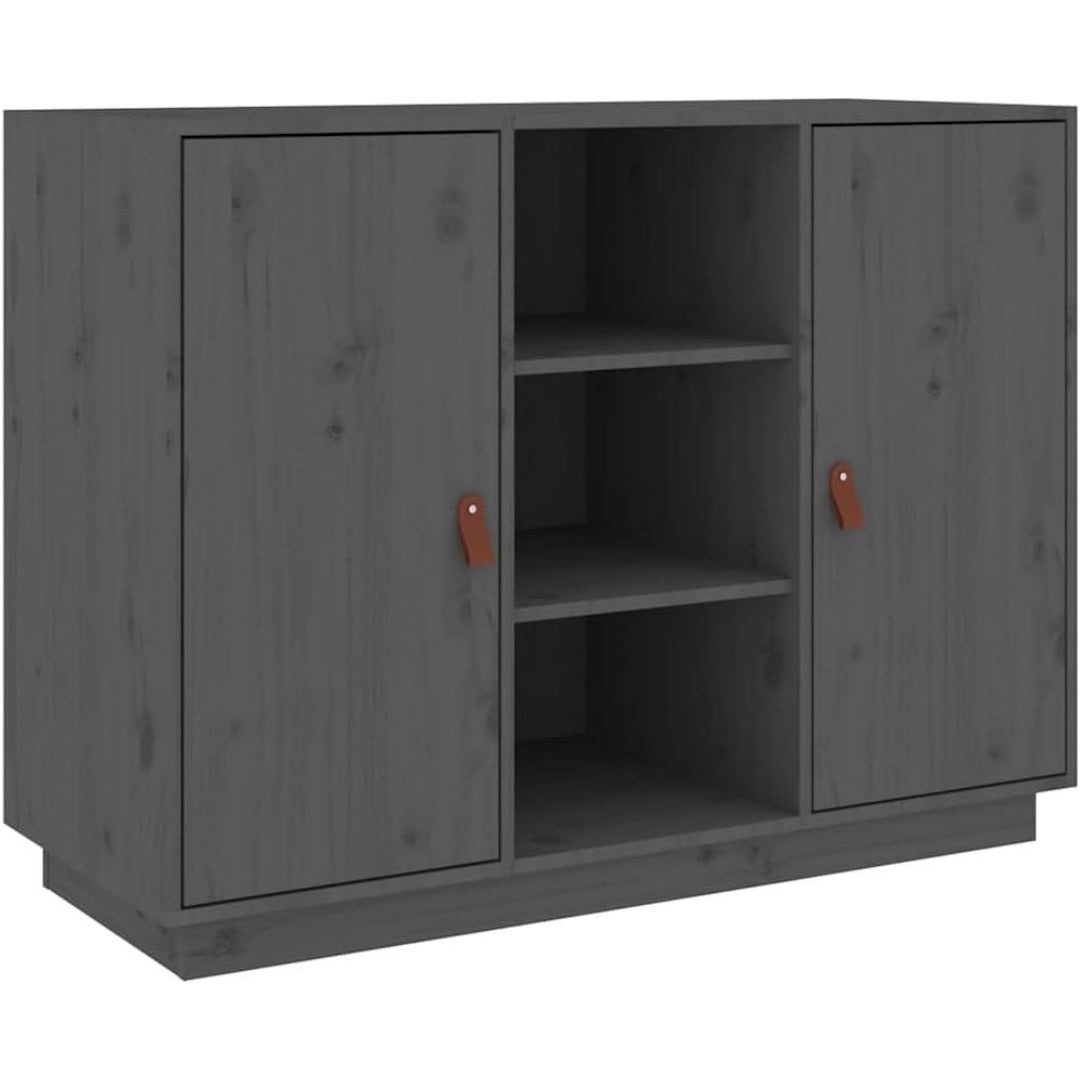 Une silhouette equilibree pour ce buffet avec portes, a l'aspect bois, teinte gris et naturel