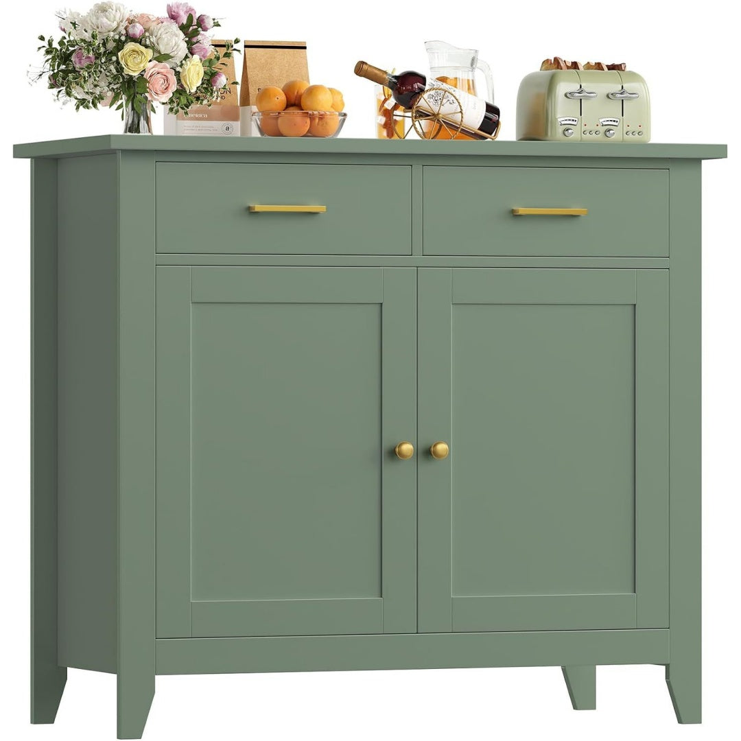 Un espace mieux organise grace a ce buffet avec tiroirs, avec portes, finition marron et naturel