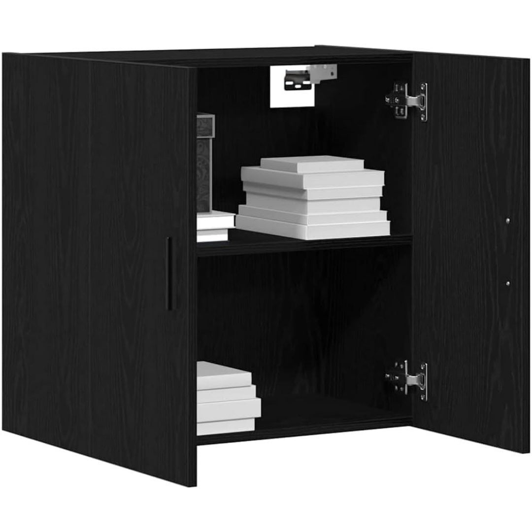 Pour un interieur harmonieux, bibliotheque avec portes, avec etageres en finition noir et chene