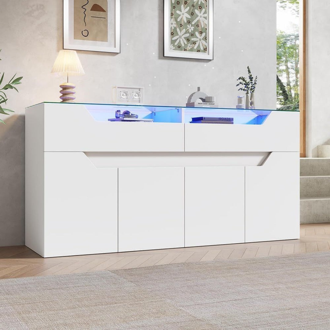 Pour un interieur harmonieux, buffet avec tiroirs, avec portes en finition blanc et bois naturel
