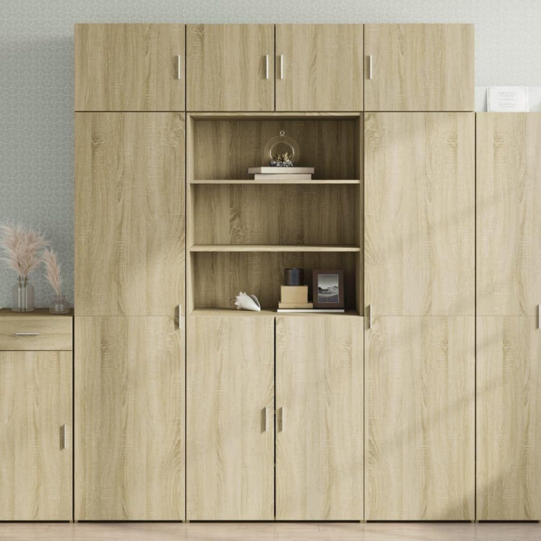 Un espace mieux organise grace a ce buffet a l'aspect bois, finition chene et bois naturel
