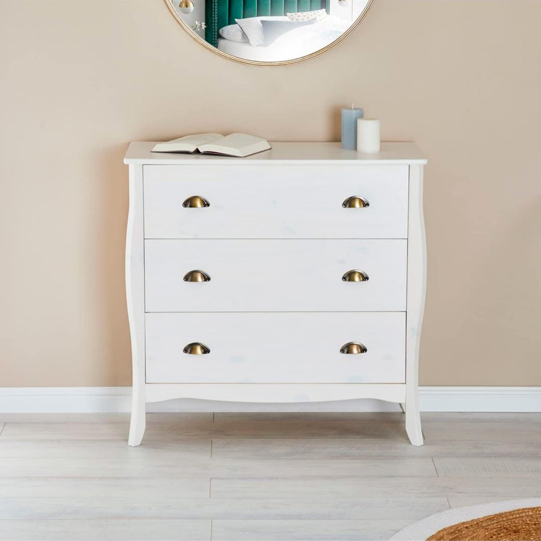 Pour un interieur harmonieux, commode avec tiroirs, aux accents metalliques en finition blanc