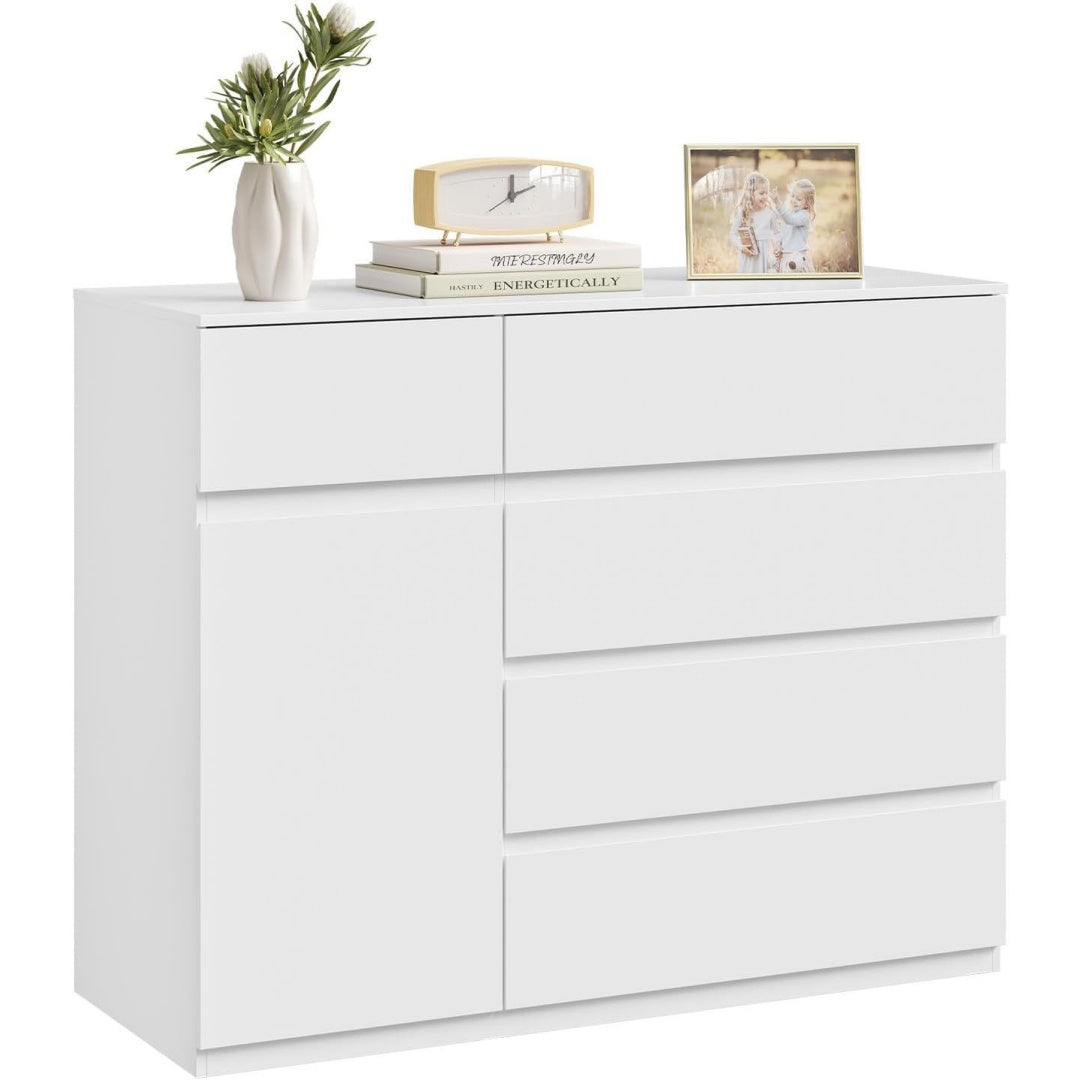Pour un interieur harmonieux, buffet avec tiroirs, avec etageres en finition blanc et noir
