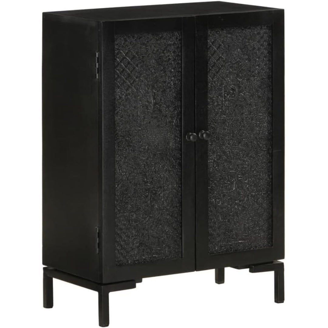 Un espace mieux organise grace a ce buffet avec portes, a l'aspect bois, finition noir et bois naturel