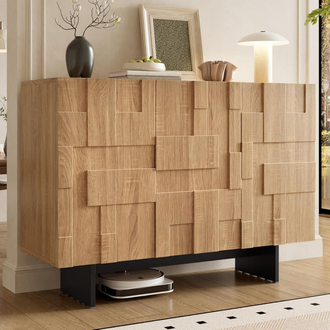 Le charme du rangement avec ce buffet avec portes, avec etageres, coloris noir et naturel