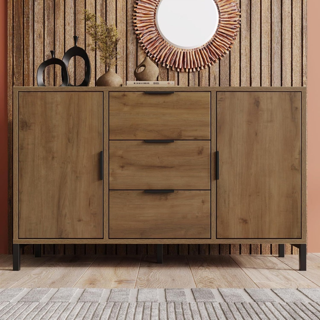 Pour un interieur harmonieux, buffet avec tiroirs, avec portes en finition noir et chene