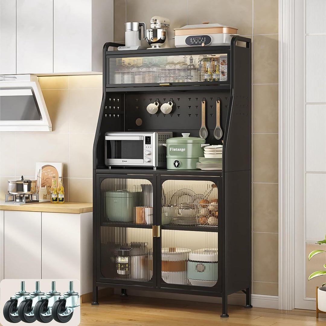 Un espace mieux organise grace a ce buffet avec portes, avec etageres, finition blanc et noir