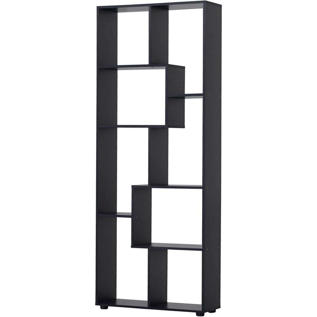 Une silhouette equilibree pour ce bibliotheque avec etageres, a l'aspect bois, teinte noir et bois naturel