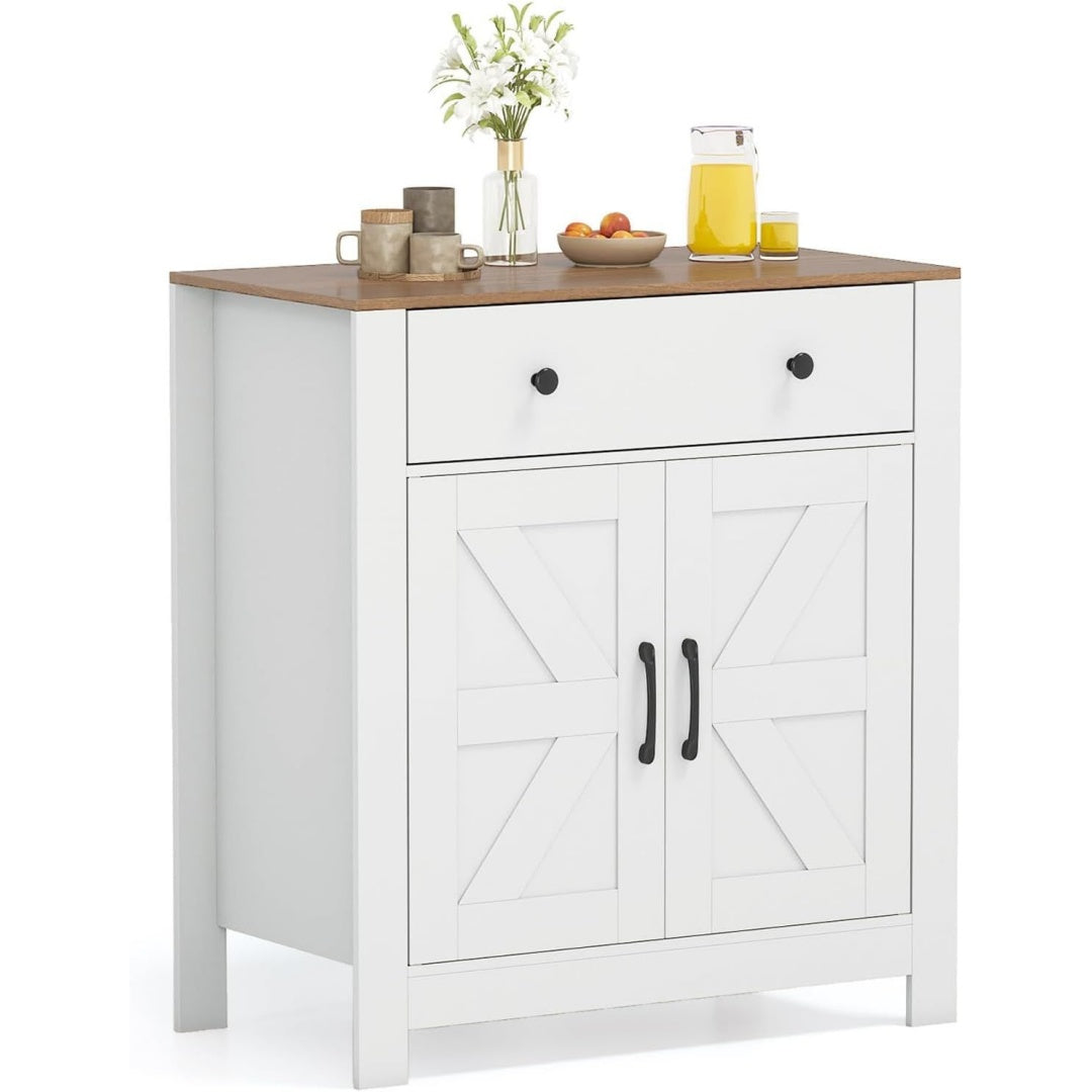 Pour un interieur harmonieux, buffet avec tiroirs, avec portes en finition bois naturel et vert